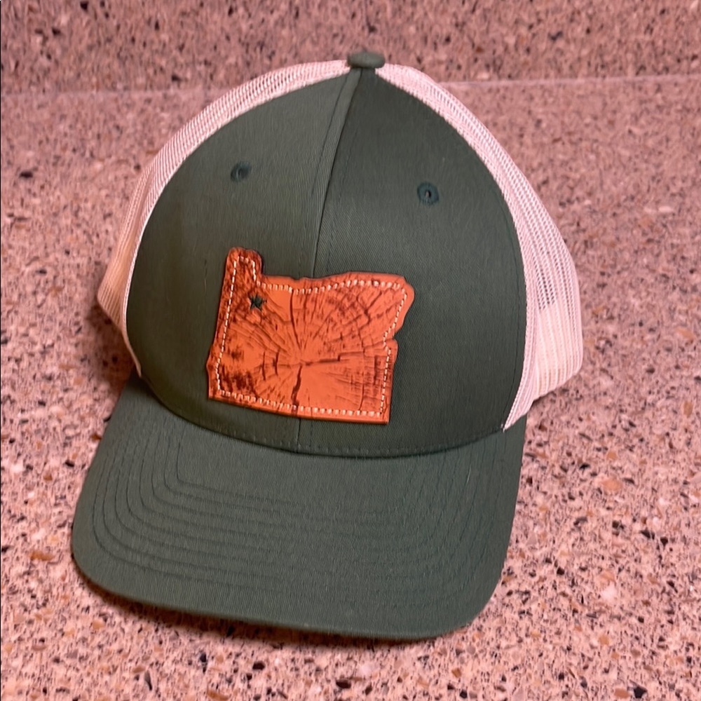 Green and Tan Trucker Hat with Leather Patch